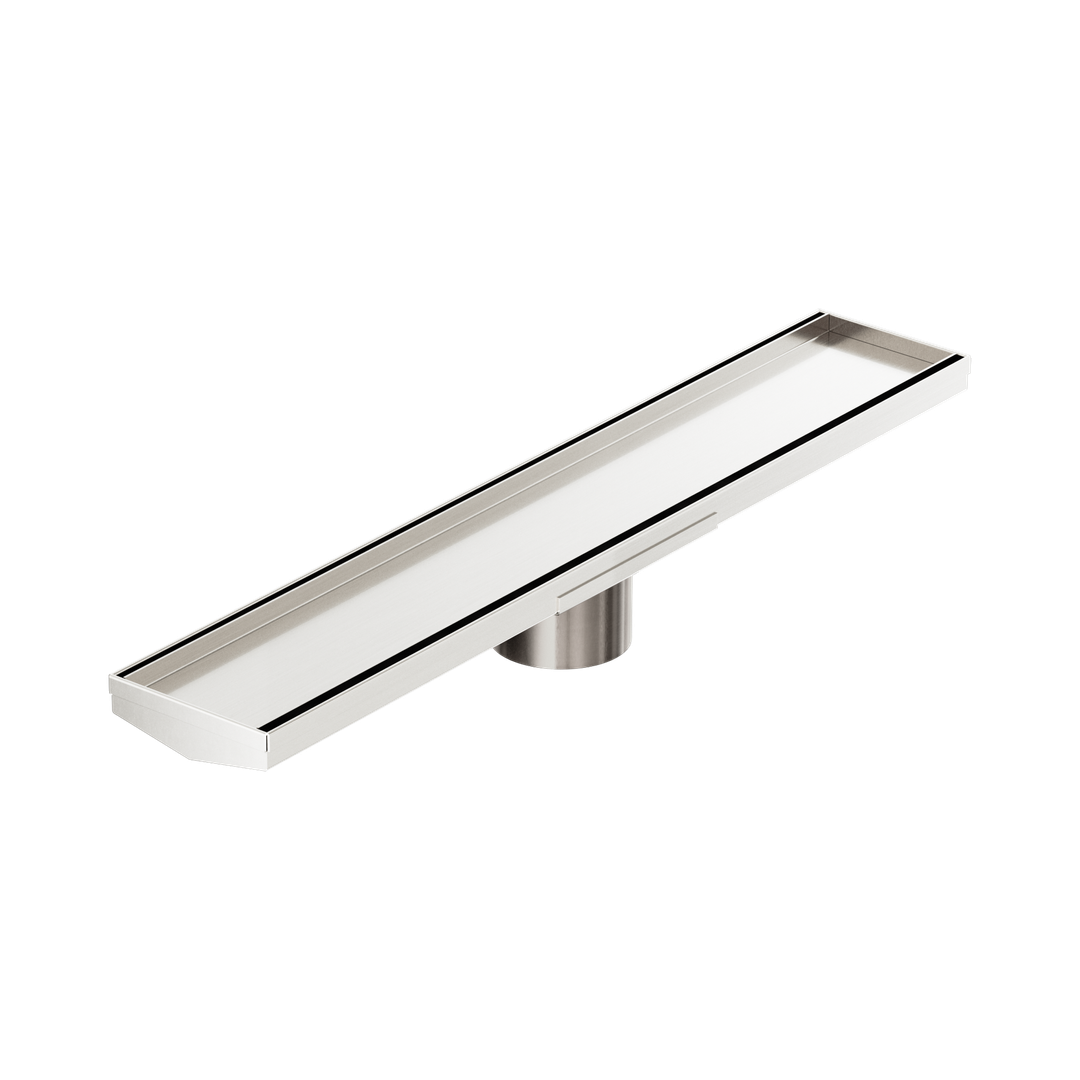 Nero Tile Insert V Channel 600X106Mm Floor Grate 80Mm Outlet Brushed Nickel