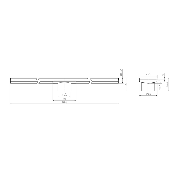 Nero Tile Insert V Channel 600X106Mm Floor Grate 80Mm Outlet Gun Metal