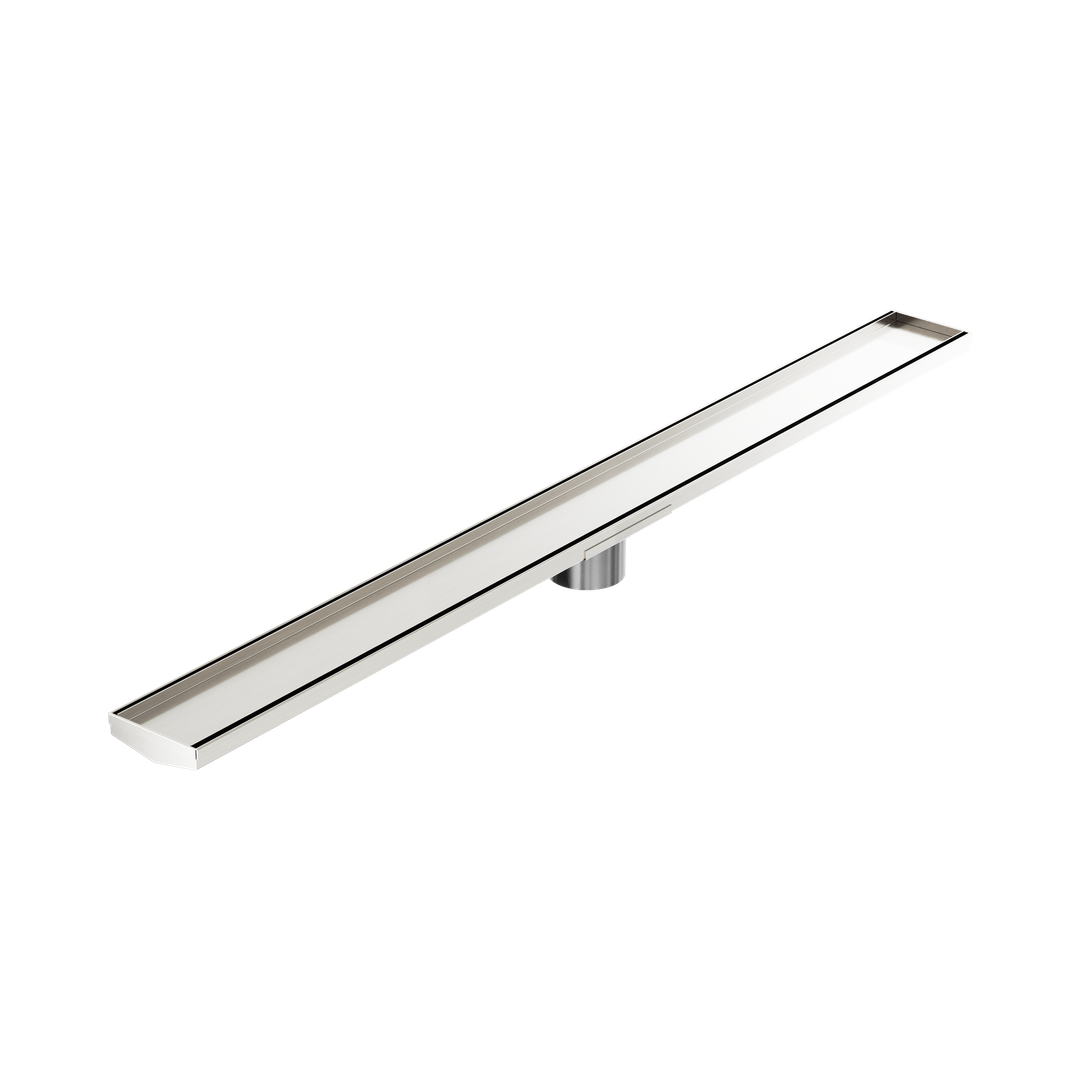 Nero Tile Insert V Channel 1200X106Mm Floor Grate 80Mm Outlet Brushed Nickel