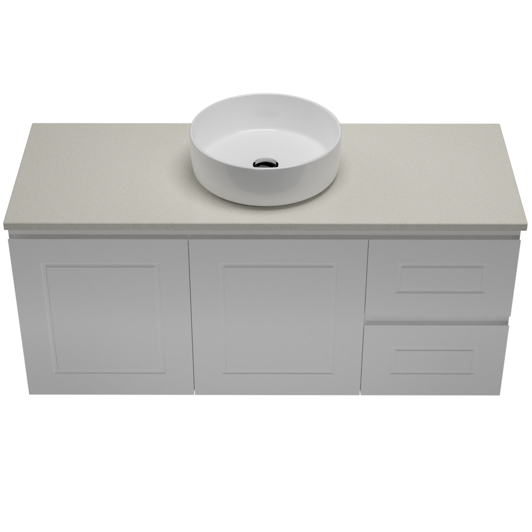 Timberline Nevada Classic Vanty 1200 20mm Silk Surf Top & Ceramc A/Countr Basn Wall Hng