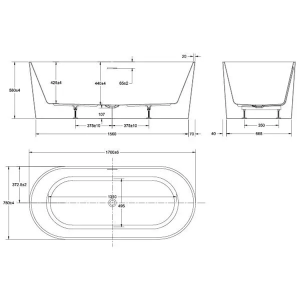 Oceano Adore 1700X750 Matte White Free-Standing Bath Includes Matte White O/F Waste Outlet