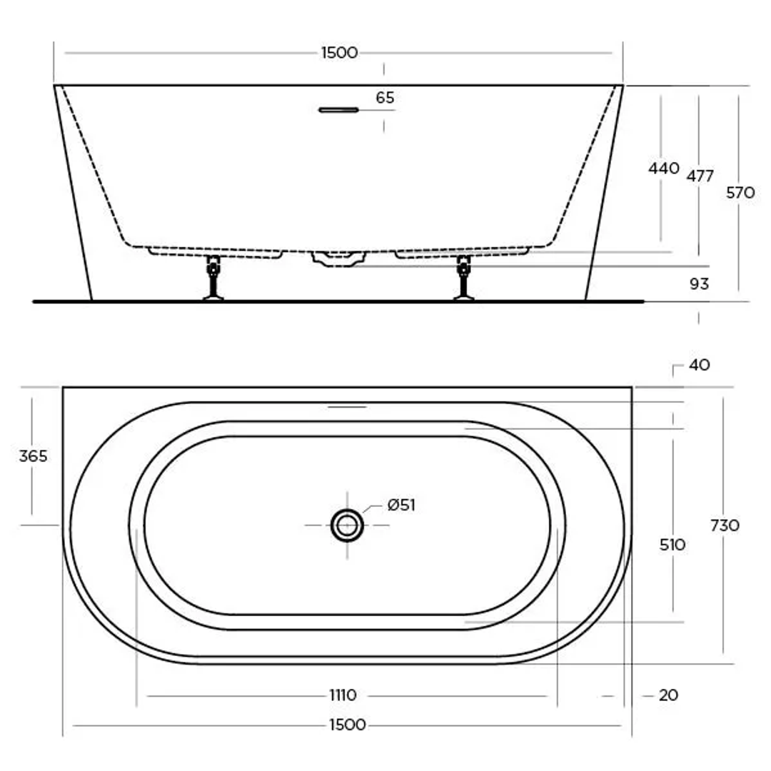 Oceano Eco 1500 Back-to-Wall Bath White 1500Mm X 730mm No Overflow