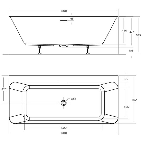 Oceano Lunus 1700 Back-to-Wall Bath White 1700mm X 800mm