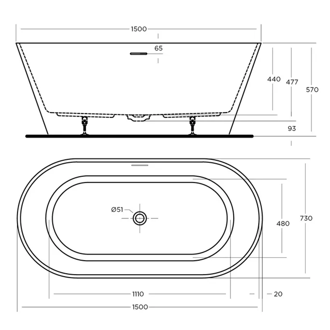 Oceano Nava 1500 Freestanding Bath White 1500mm X 730mm