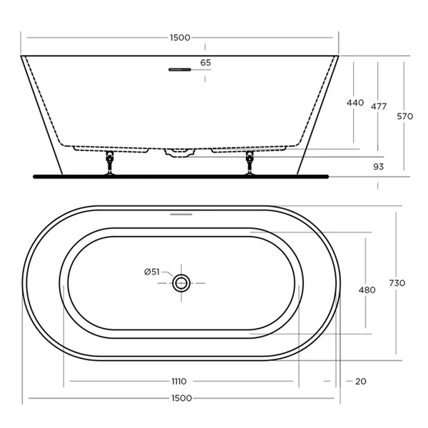 Oceano Nava 1500 Freestanding Bath White 1500mm X 730mm