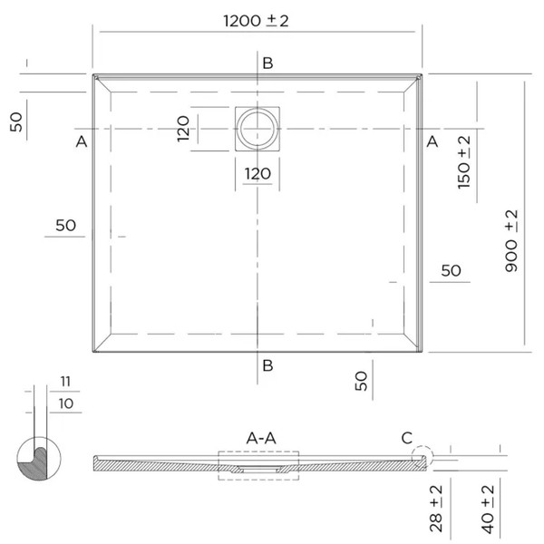 Oceano Profile 1200X900 Right Hand 2-Side Tile Flange Shower Base
