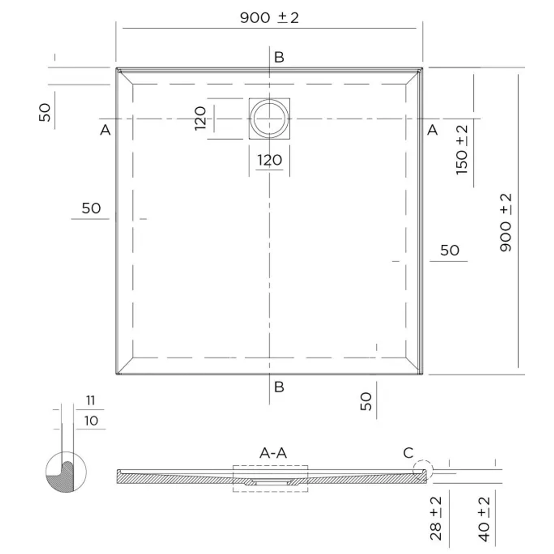 Oceano Profile 900X900 Right Hand Tile Flange Shower Base