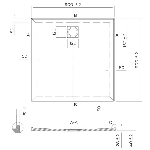 Oceano Profile 900X900 Right Hand Tile Flange Shower Base