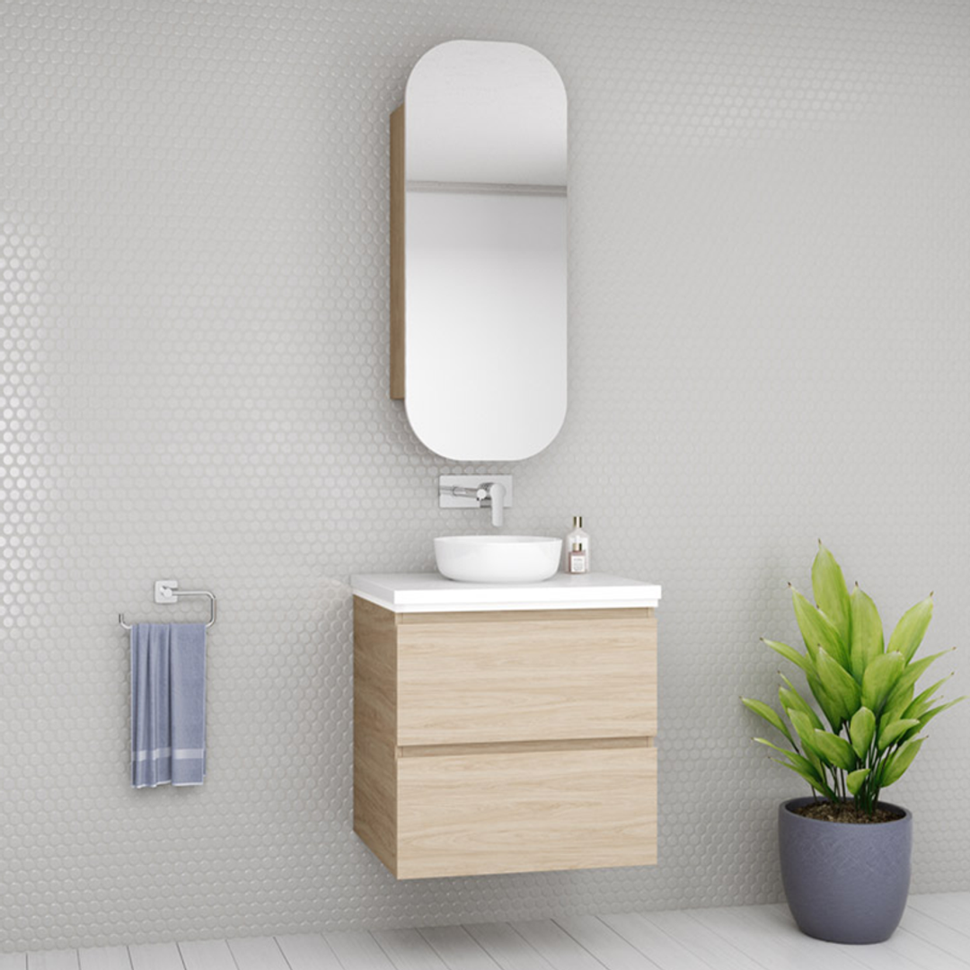 Timberline Oxbow Vanity 600mm 20mm Silk Surface Top With Ceramic Basin Wall Hung