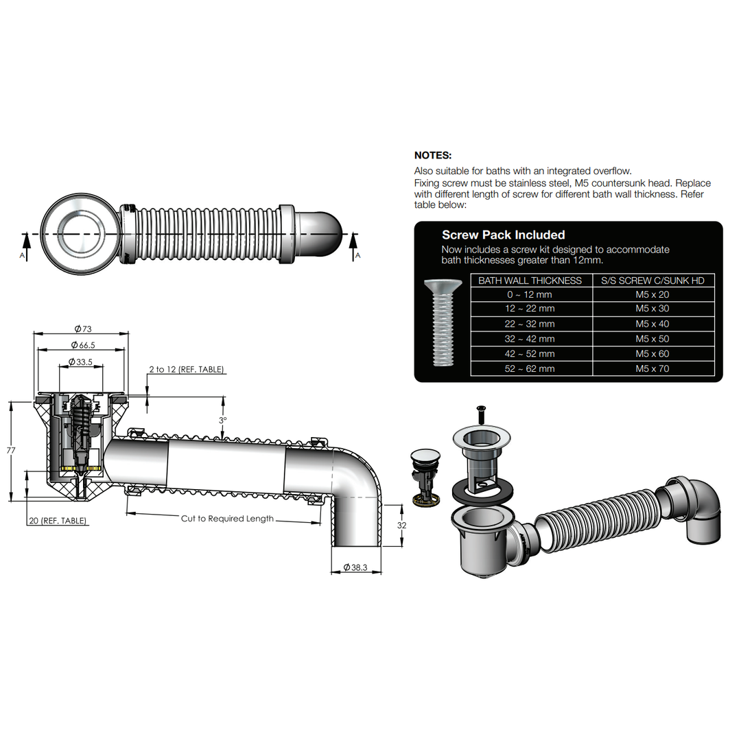 Bounty Plug & Waste Bath Bend Pop Down With Connector Brushed Brass Pvd