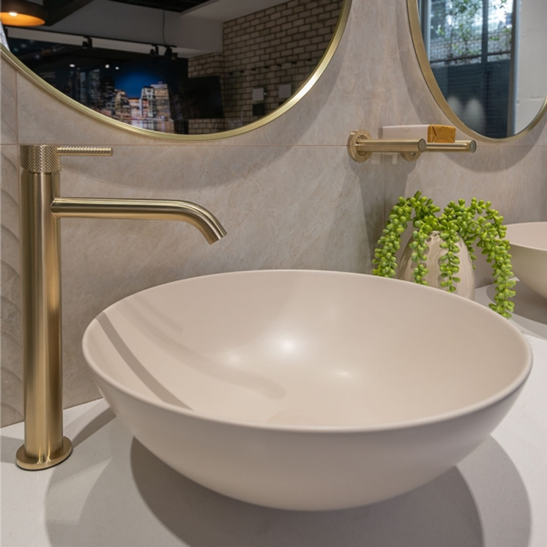 Fienza Aluca Slim Edge Basin 400mm Khaki Ceramic Above Counter