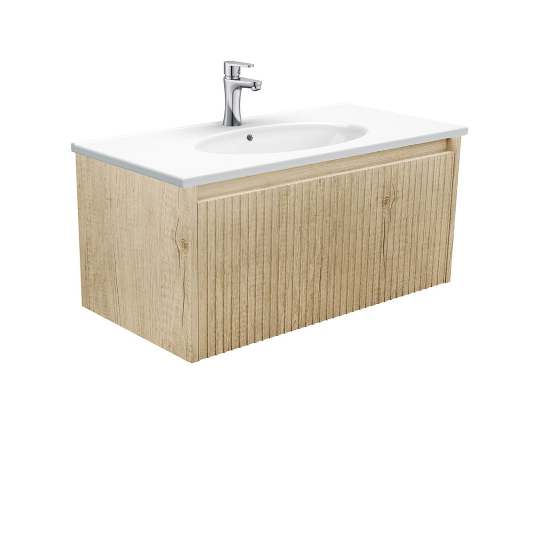 Fienza Rotondo 900 Alina Scandi Oak Wall Hung Cab 1 Drawer 3 Tap Hole