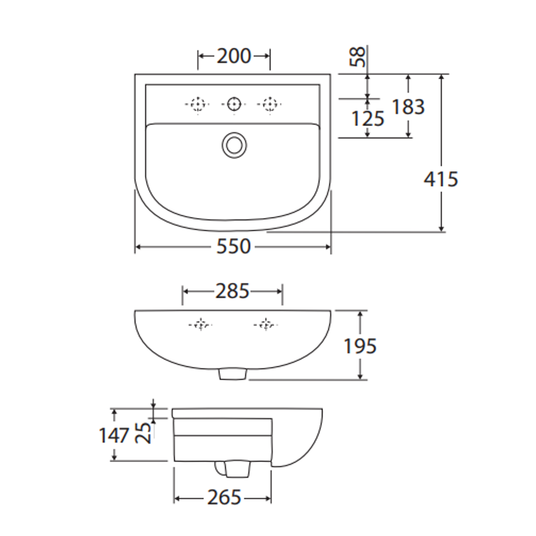 Rak Compact 550 Semi Recessed Basin 550X415mm 3 Tap Hole White