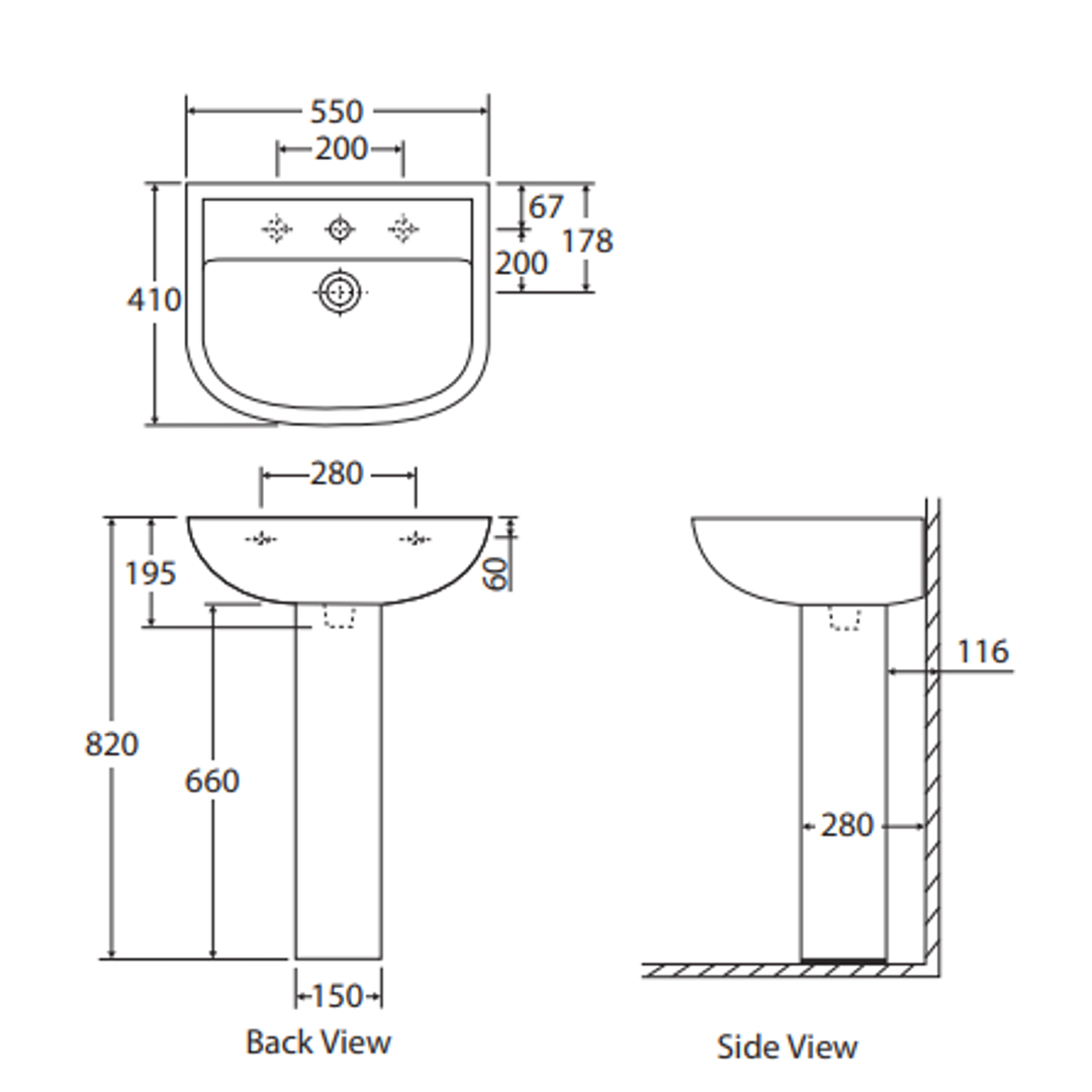 Rak Compact 550 Wall Basin With Pedestal 545X410mm 1 Tap Hole White