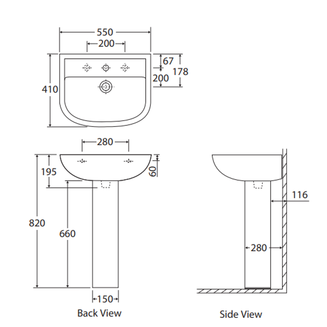 Rak Compact 550 Wall Basin With Pedestal 545X410mm 3 Tap Hole White