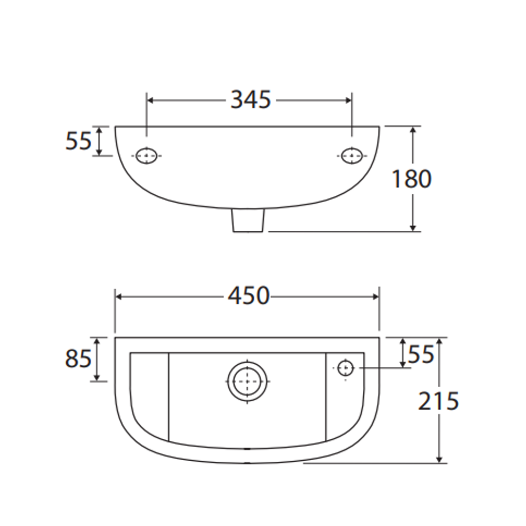 Rak Compact Slim Wall Basin 450X215mm 1 Tap Hole(Rhs) White