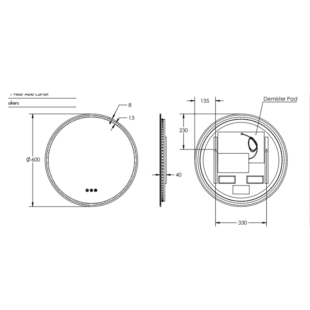 Remer Sphere Led Mirror With Demister 610W X 610H X 40D - Matt Black