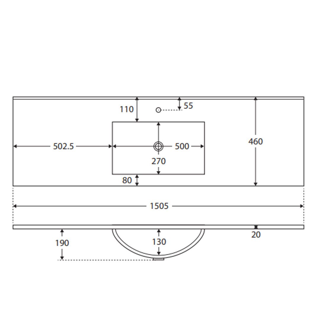 SINGLE BOWL CERAMIC TOP 1500 X 460MM(FIENZA P#:TCL150S)