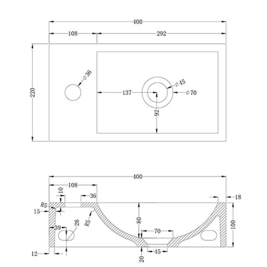 BNK Spoleto Concrete Basin 400 X 220 X 100mm - White Sandstone