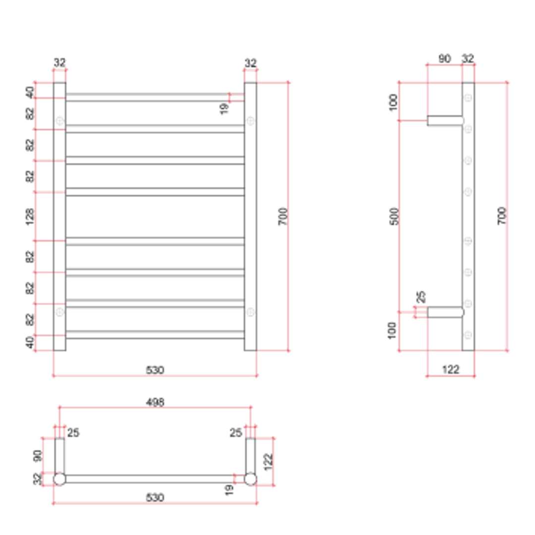 Thermorail Straight Round Stainless Ladder - 530x700x122mm 76Watts 8 Bars