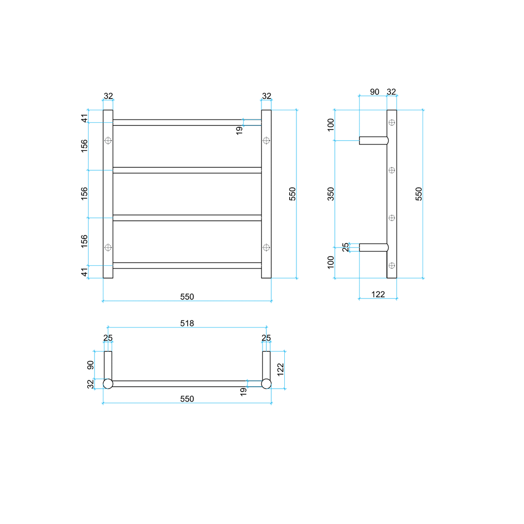 Thermorail STRAIGHT/ ROUND 550X550X122MM 41W 4 BAR GUN METAL