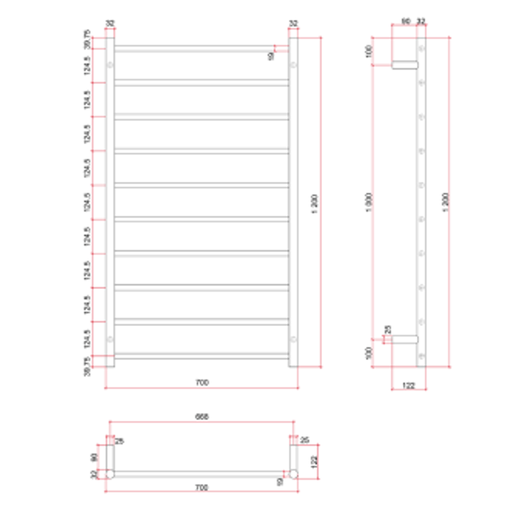 Thermorail Straight/Round 700x1200x122mm 128Watts 10 Bars