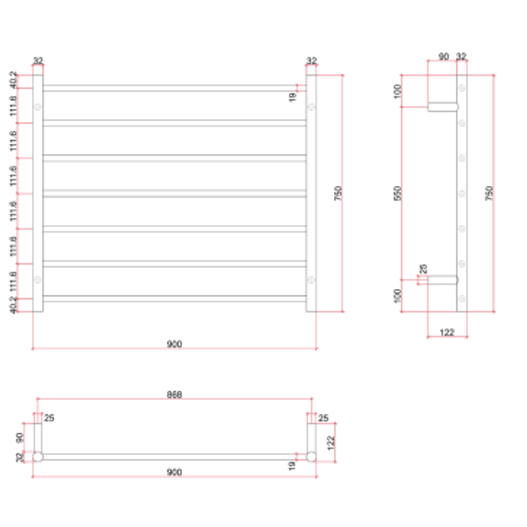 Thermorail Straight Round Stainless Ladder - 900X750X122mm 100Watts 7 Bars