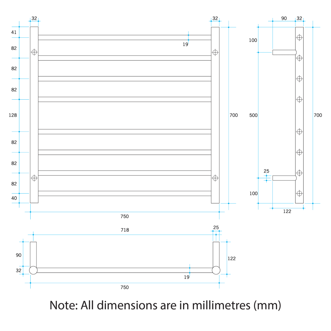 Thermogroup Thermorail Straight/Round 750X700X122Mm 104Watts 8 Bars - Brushed