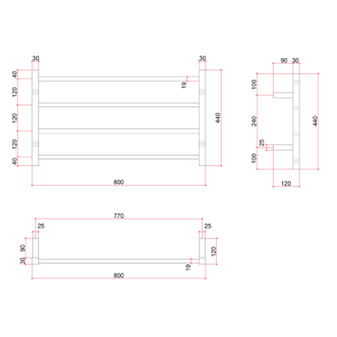 Thermorail Straight/Square 800x440x120mm 61Watts 4 Bars