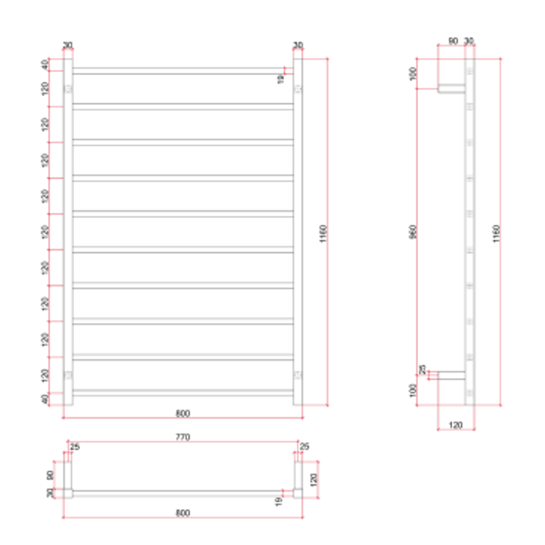 Thermorail Straight/Square 800x1160x120mm 153Watts 10 Bars