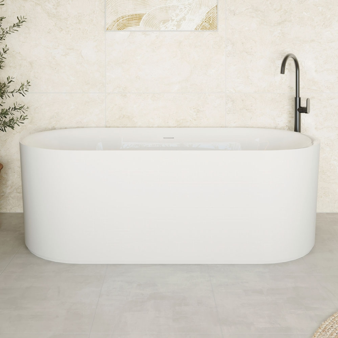 Fienza Empire Slim Solid Surface Bath Matte White Ext Gloss White Int 1500X720X550mm