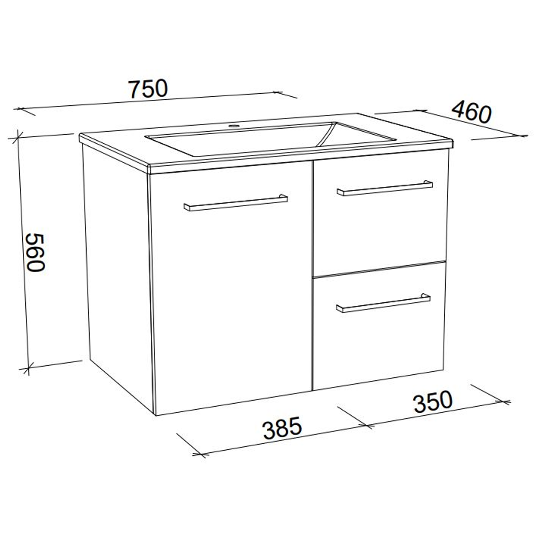 Timberline Carlo Wall Hung Vanity 750mm Regal Top White Gloss