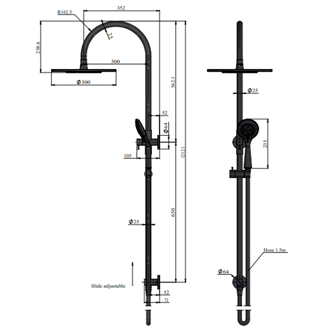 Meir 300Mm Round Overhead Shower Rail Three Function Hand Shower Lustre Bronze