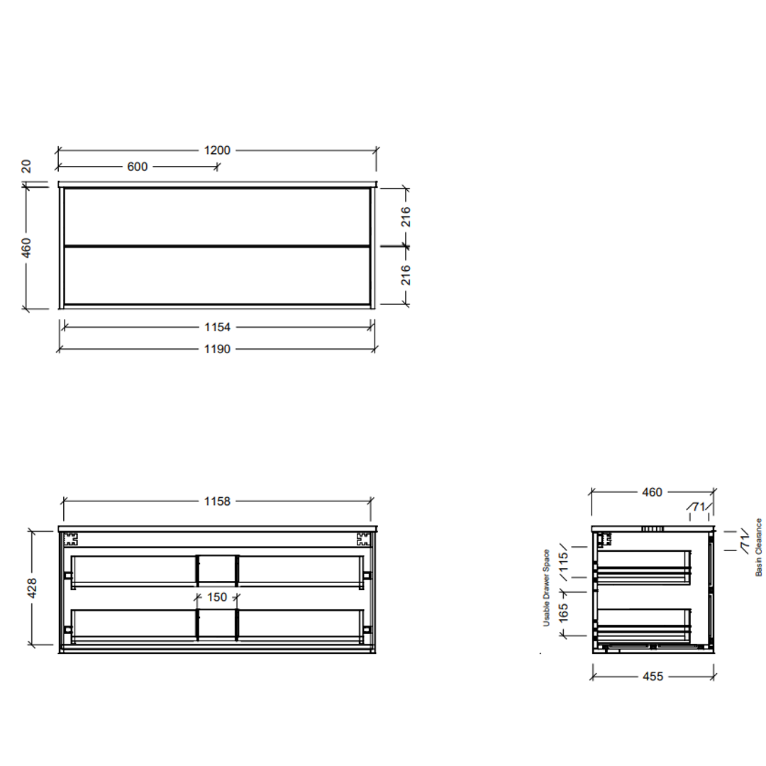 Timberline Emmett Vanity 1200Mm Centre Wg Basin Silksurface Ac Top Wall Hung