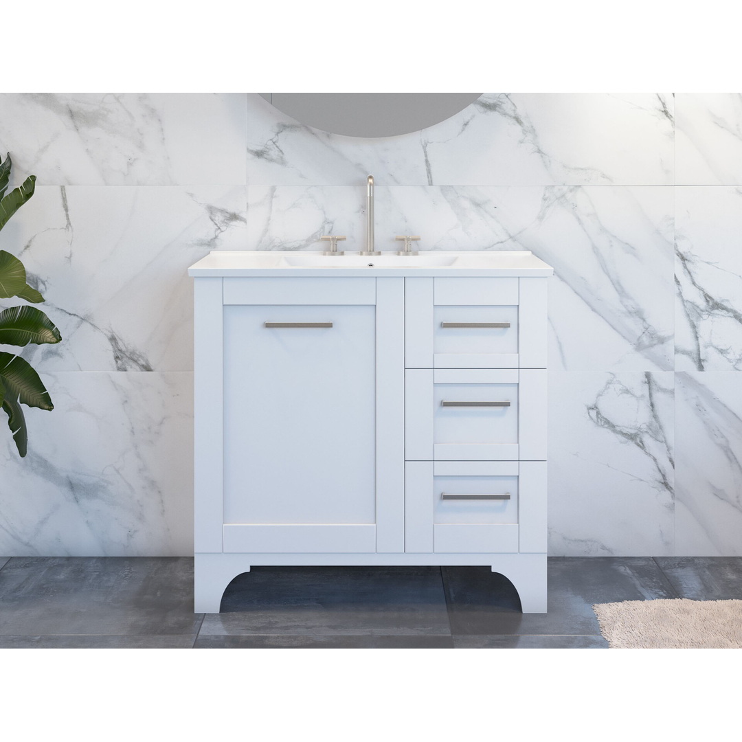 TIMBERLINE WINDSOR 900MM VANITY CENTRE WHITE GLOSS BASIN SS TOP FLOOR STAND