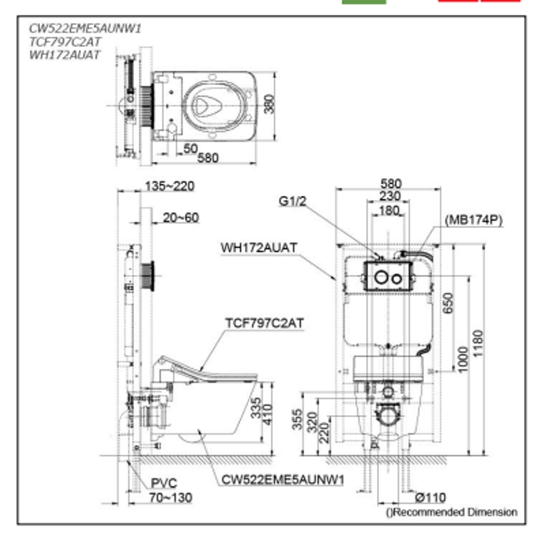 TOTO Sw/Sx Wall Hung Pan (Soft Square) Cw522Eme5Aunw1