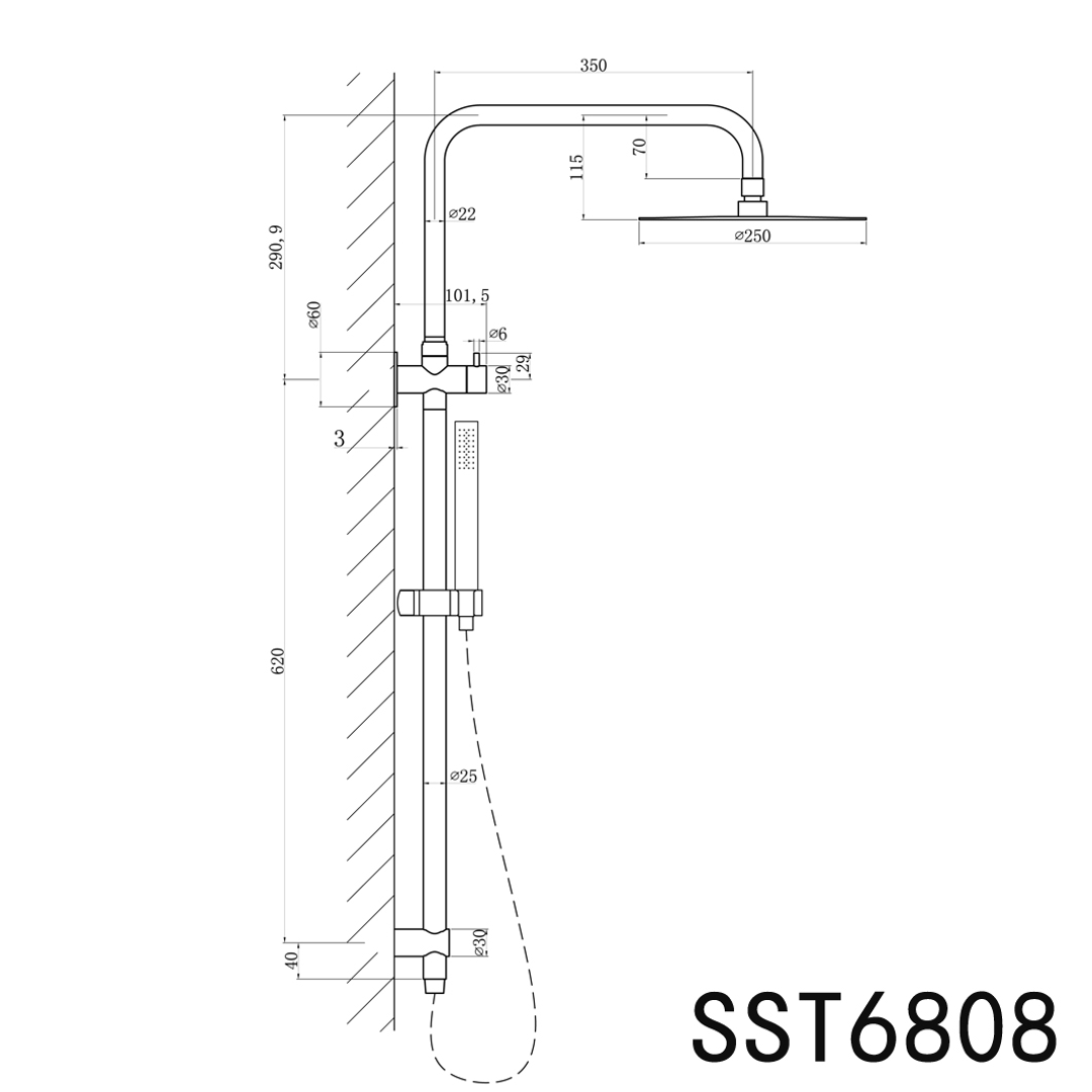 Technical line drawing of a shower fixture with dimension annotations and the model number SST6808 in the bottom right corner.