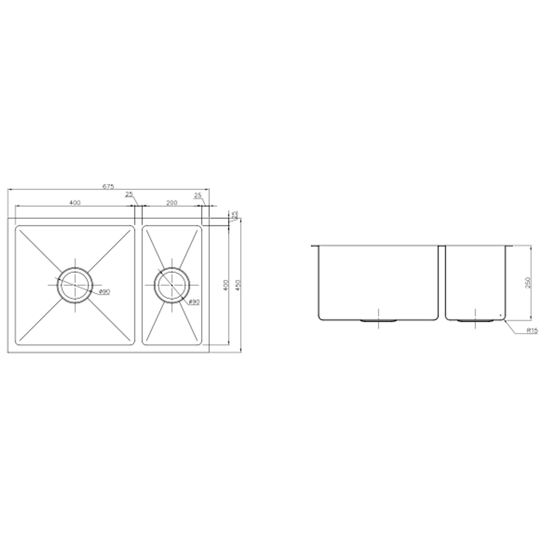 Interchange Uptown 250 1 & 1/2 Double Bowl Sink Radius Corner - 674 X 450 X 250