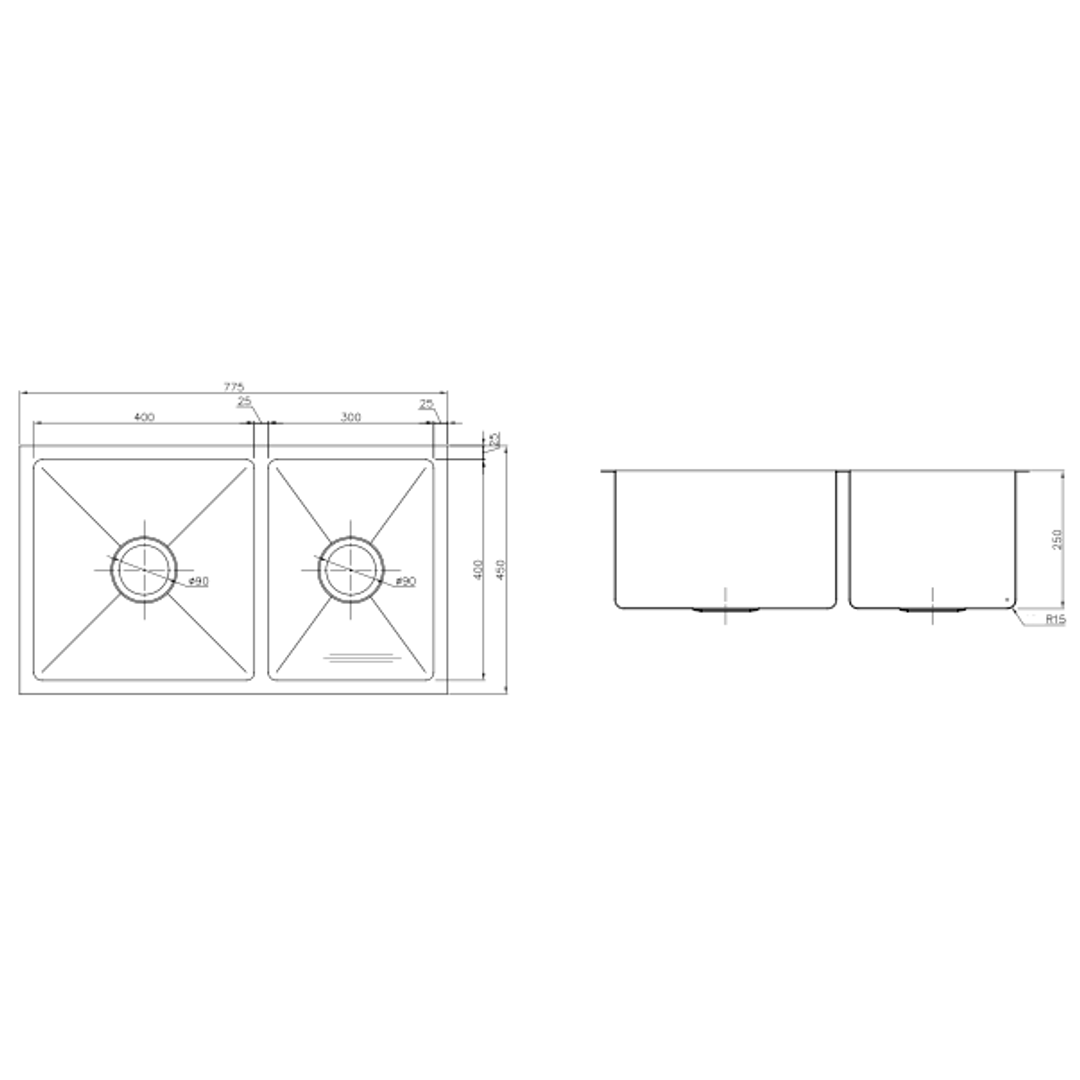 Interchange Uptown 250 1 & 3/4 Double Bowl Sink Radius Corner - 775 X 450 X 250