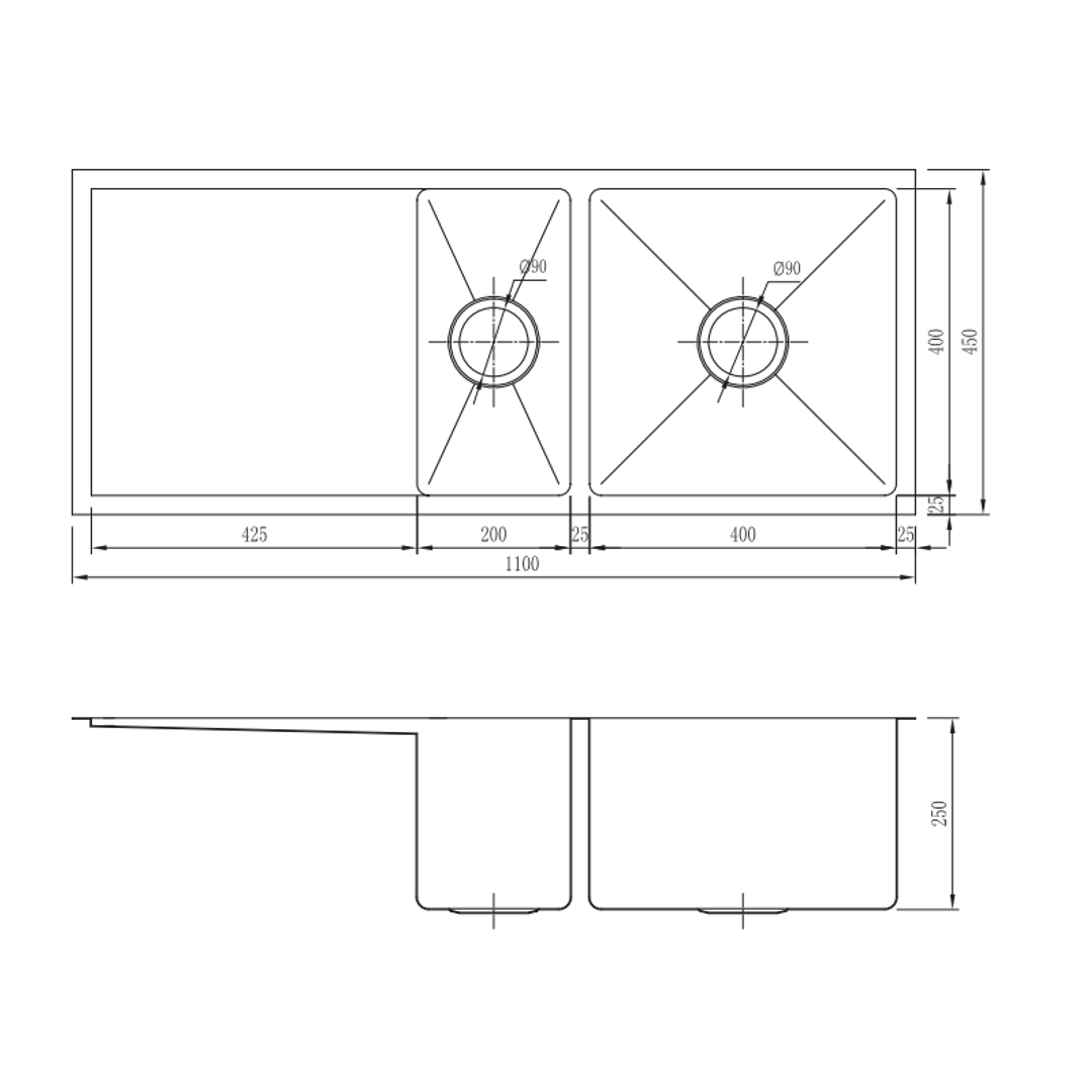 Interchange Uptown 250 Double Bowl Sink & Drainer Radius Corner - 1100 X 450 X 250