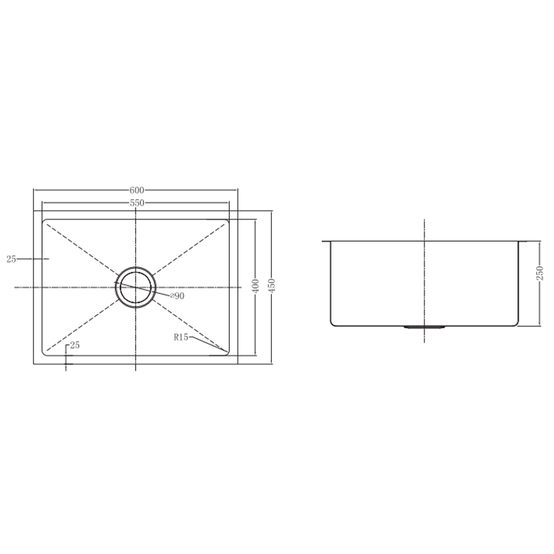 Interchange Uptown 250 Single Bowl Sink Radius Corner - 600 X 450 X 250