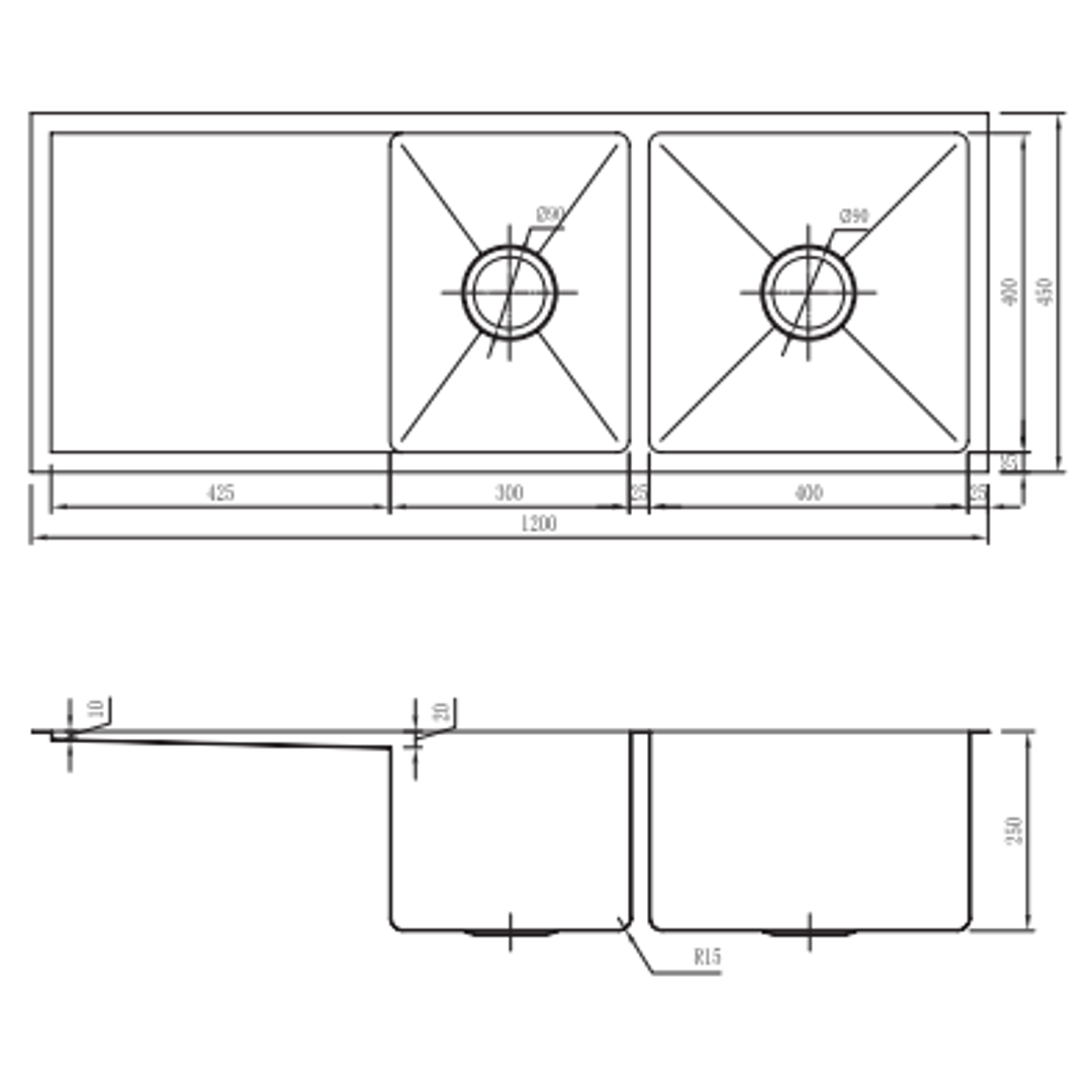 Interchange Uptown 250 Double Bowl Sink & Drainer Radius Corner - 1200 X 450 X 250