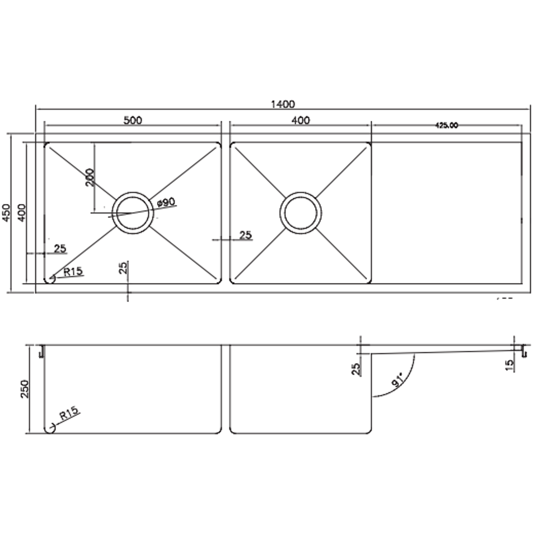 Interchange Uptown 250 Double Bowl Sink & Drainer Radius Corner - 1400 X 450 X 250