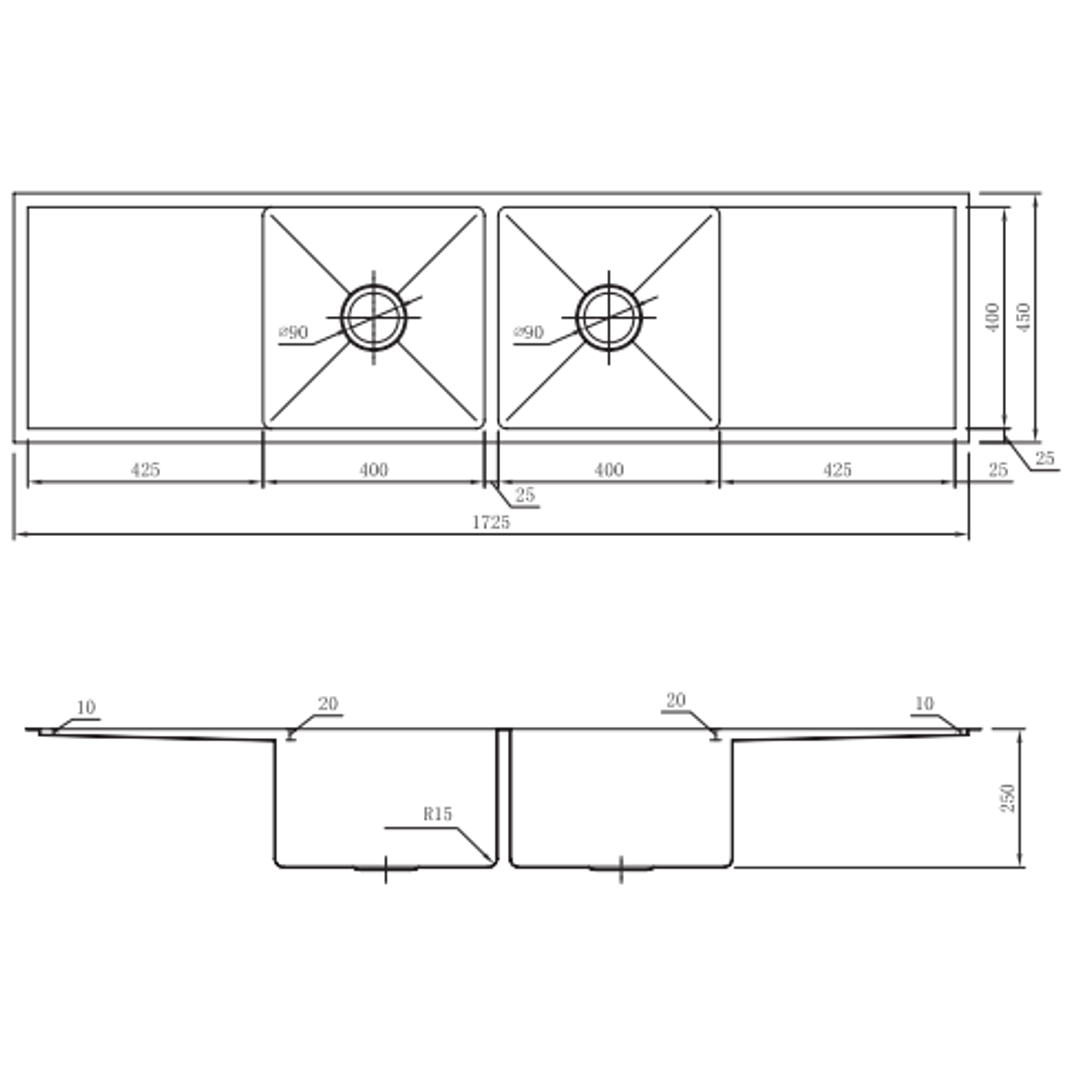 Interchange Uptown 250 Double Bowl Sink & Drainer Radius Corner - 1725 X 450 X 250