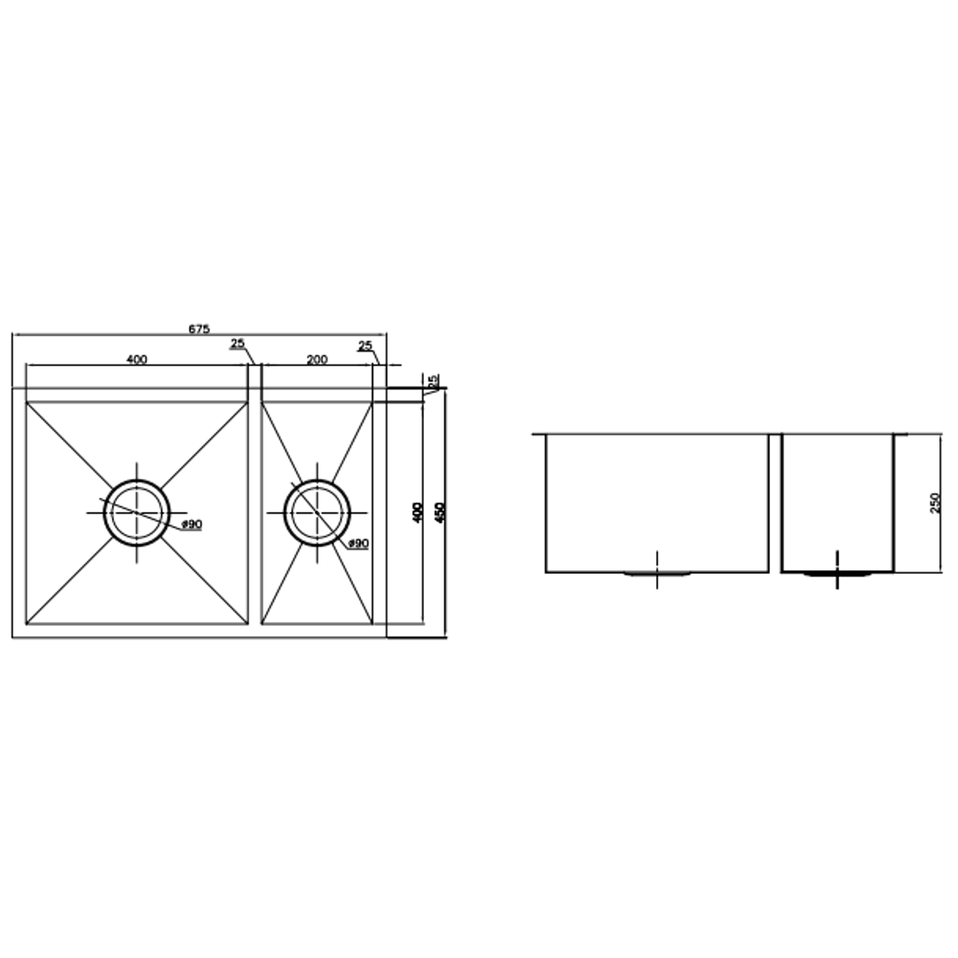 Interchange Uptown 250 1 & 1/2 Double Bowl Sink Square Corner - 674 X 450 X 250