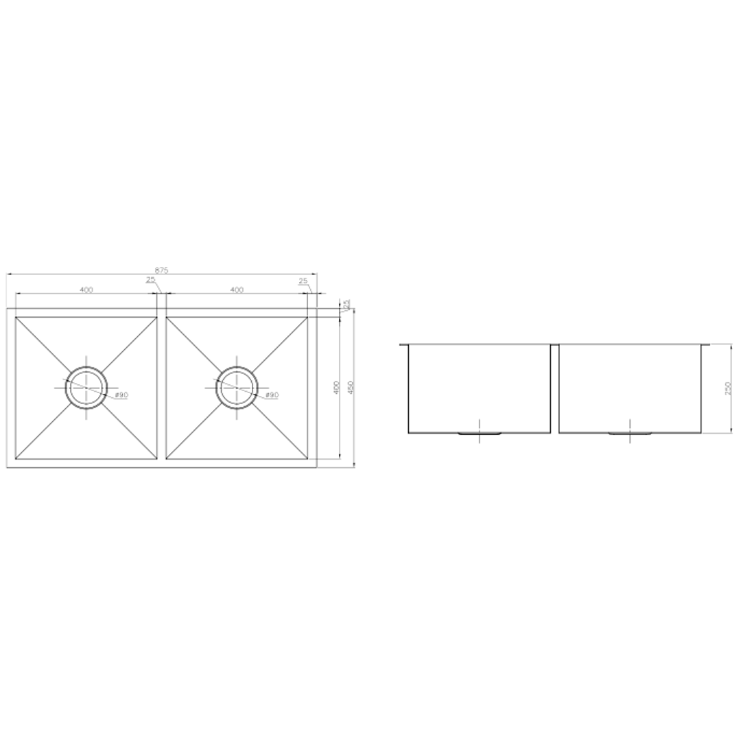 Interchange Uptown 250 Double Square Sink Square Corner - 875 X 450 X 250