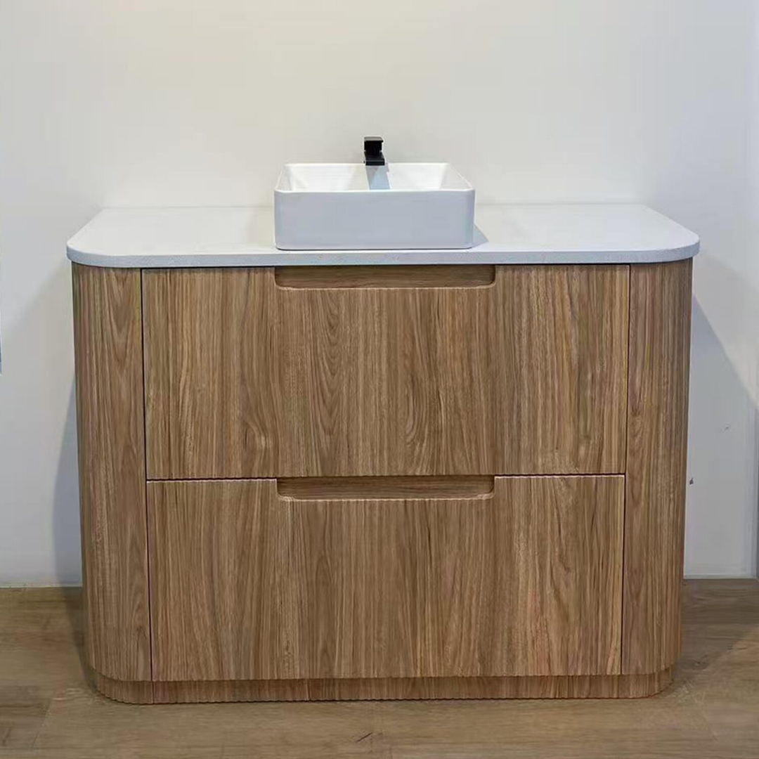 Aulic Varcelli Floor Standing Harvest Oak Fluted Curved Cabinet 750X460X880mm With Snow Flat Stone Top