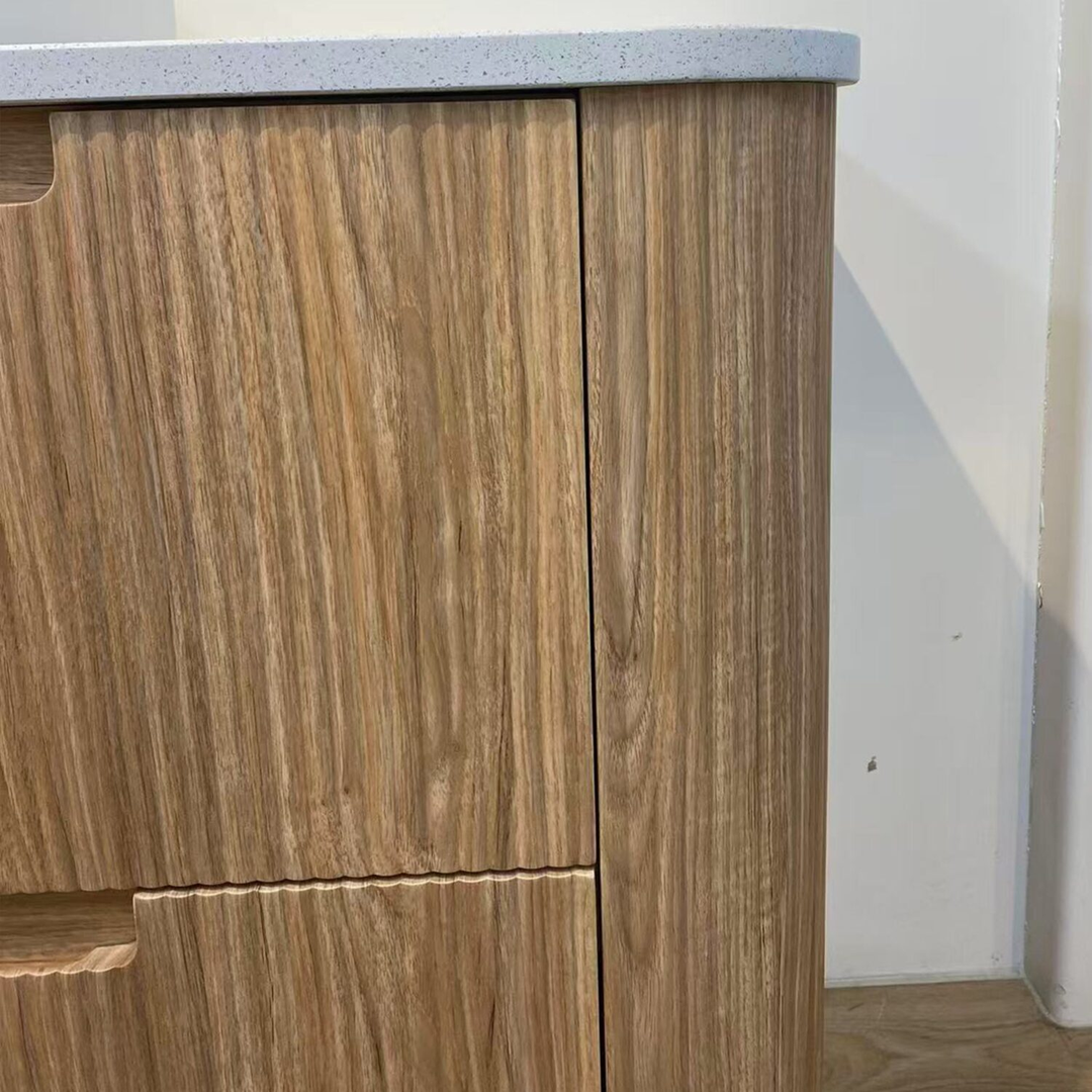 Aulic Varcelli Floor Standing Harvest Oak Fluted Curved Cabinet 1200X460X880mm & Palis White Flat Stone Top