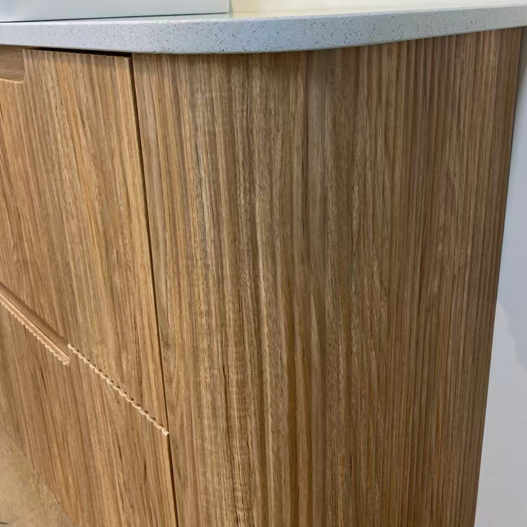 Aulic Varcelli Floor Standing Harvest Oak Fluted Curved Cabinet 900X460X880mm & Palis White Flat Stone Top