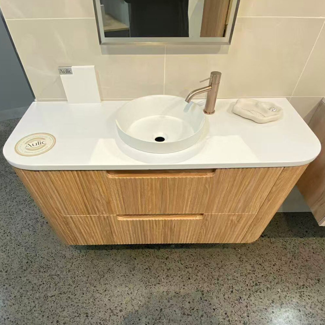 Aulic Varcelli Tier Wall Hung 1200mm Harvest Oak Fluted Curved Cabinet 1180X450X400mm